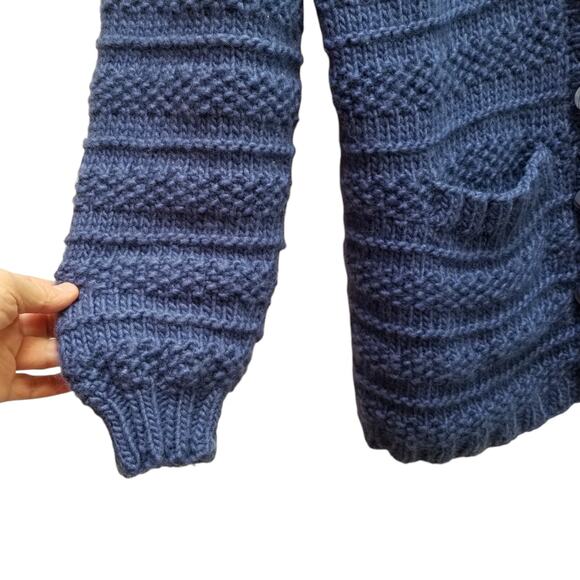 Aran Style Womens Cardigan Sweater Blue Wool Chunky Knit Long Pockets Fits Sz L - Picture 6 of 13